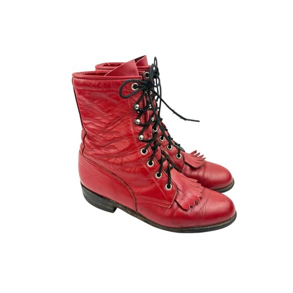 Justin Kiltie Tassle Boots Womens 6.5 Red Leather Western Cowgirl Heritage Lacer - Picture 3 of 16